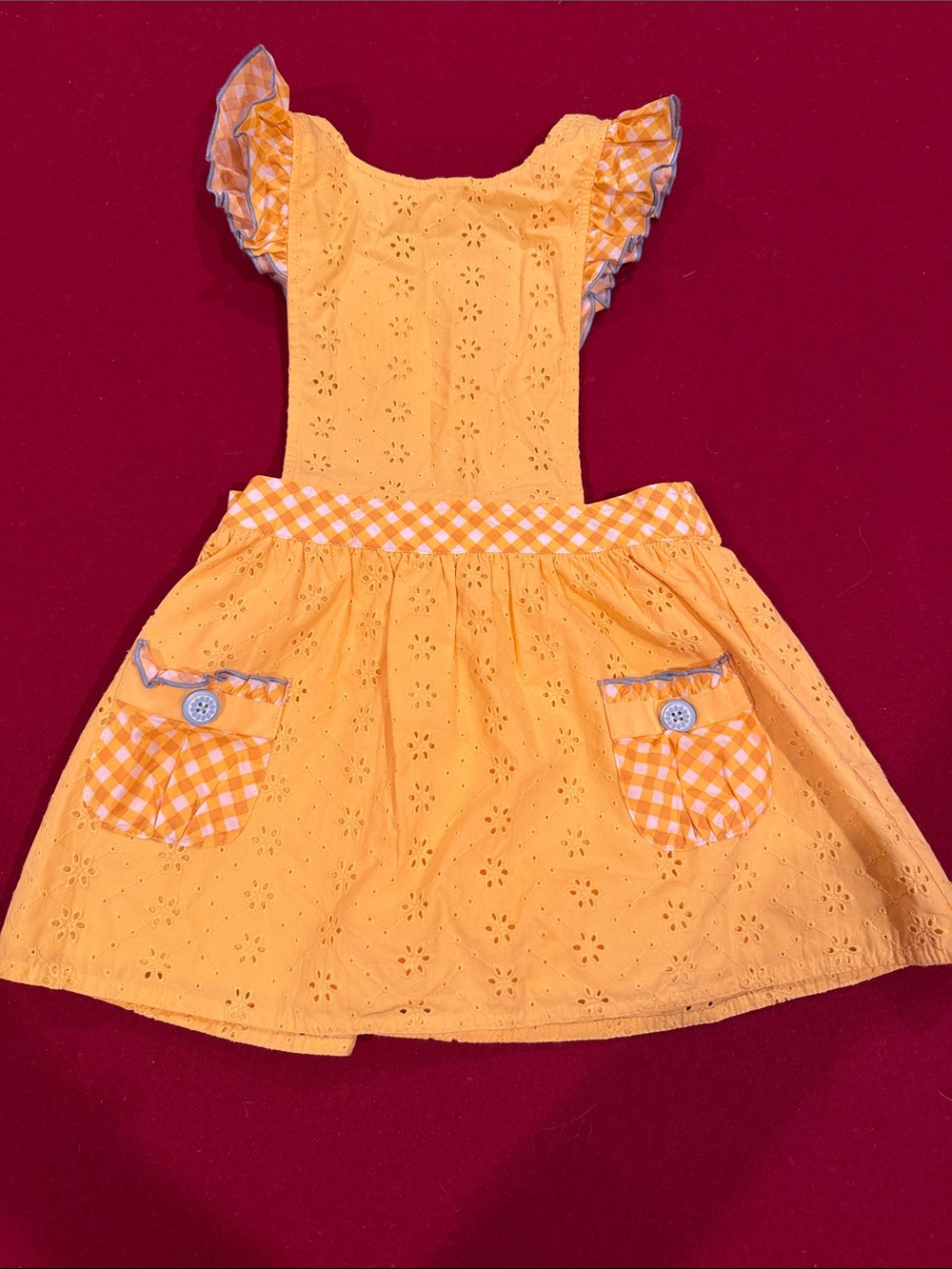 Matilda Jane Yellow Eyelet Pinafore Dress with Orange Gingham